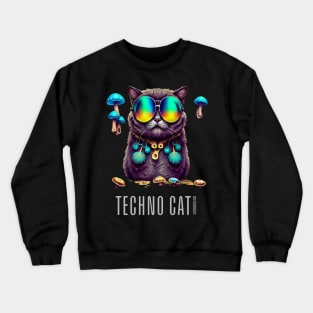 Techno Shirt - Techno Cat - Catsondrugs.com - rave, edm, festival, techno, trippy, music, 90s rave, psychedelic, party, trance, rave music, rave krispies, rave flyer Crewneck Sweatshirt